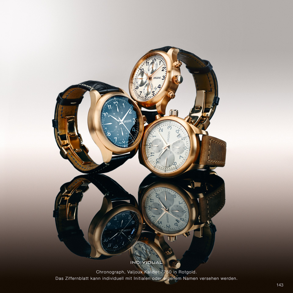 JIRGENS INDIVIDUAL Sporty watch elegant chronograph diamond-watch with calf leather strap folding clasp Valjoux movement caliber 7750 red gold custom dial design DIY diamond-watch